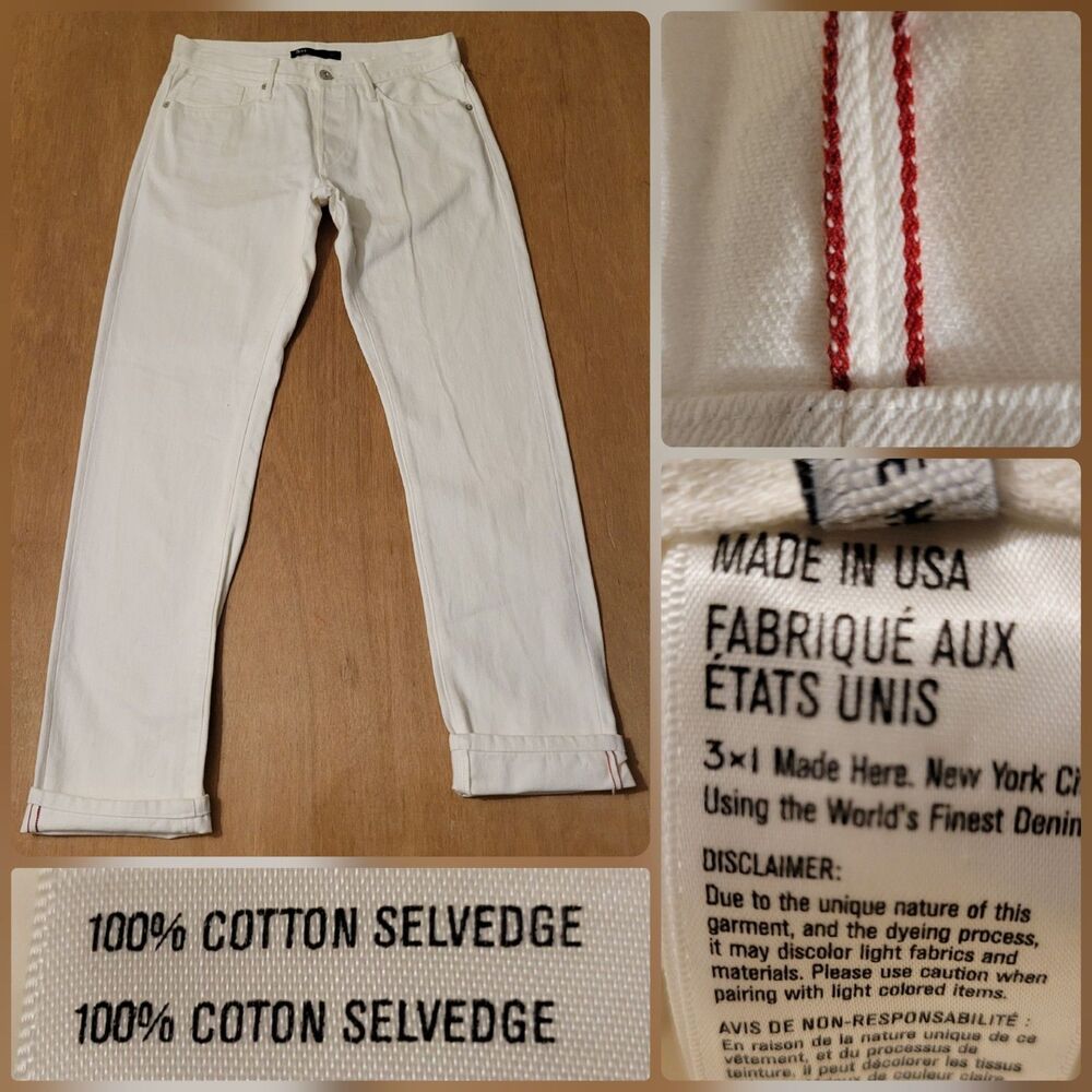 3x1 M3 Selvedge White Denim Straight Leg Jeans Size 30x30 Made in USA EUC Flaw